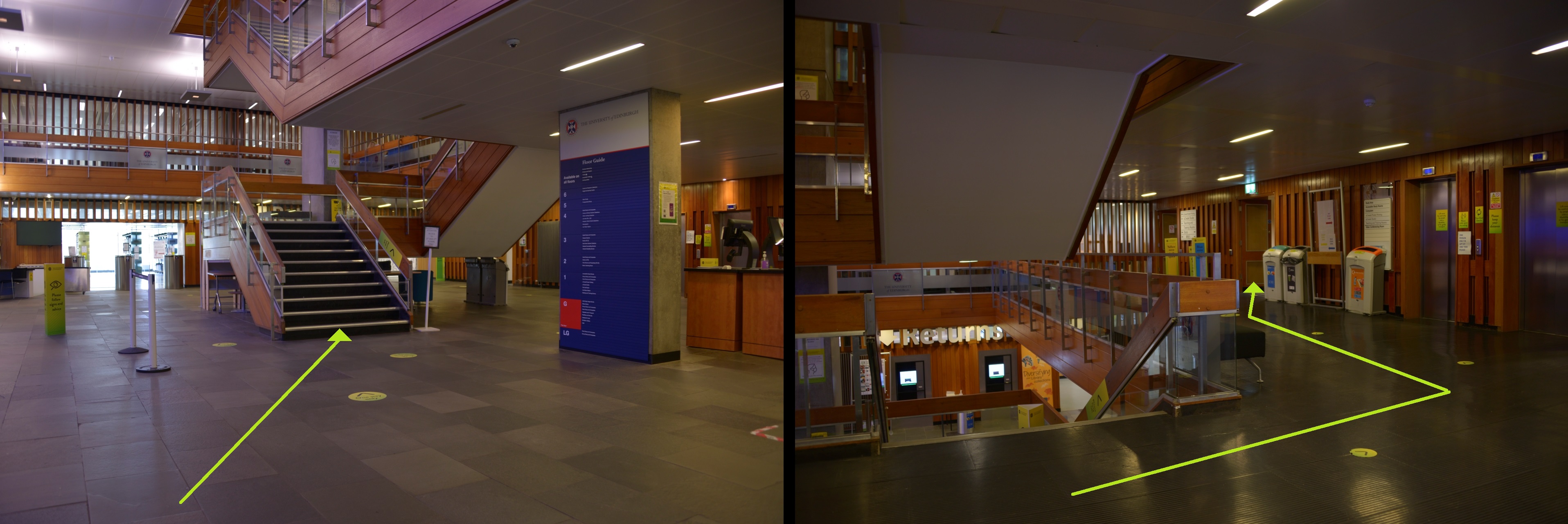 Climb the central staircase to the first floor then go through the door to the left of the lifts