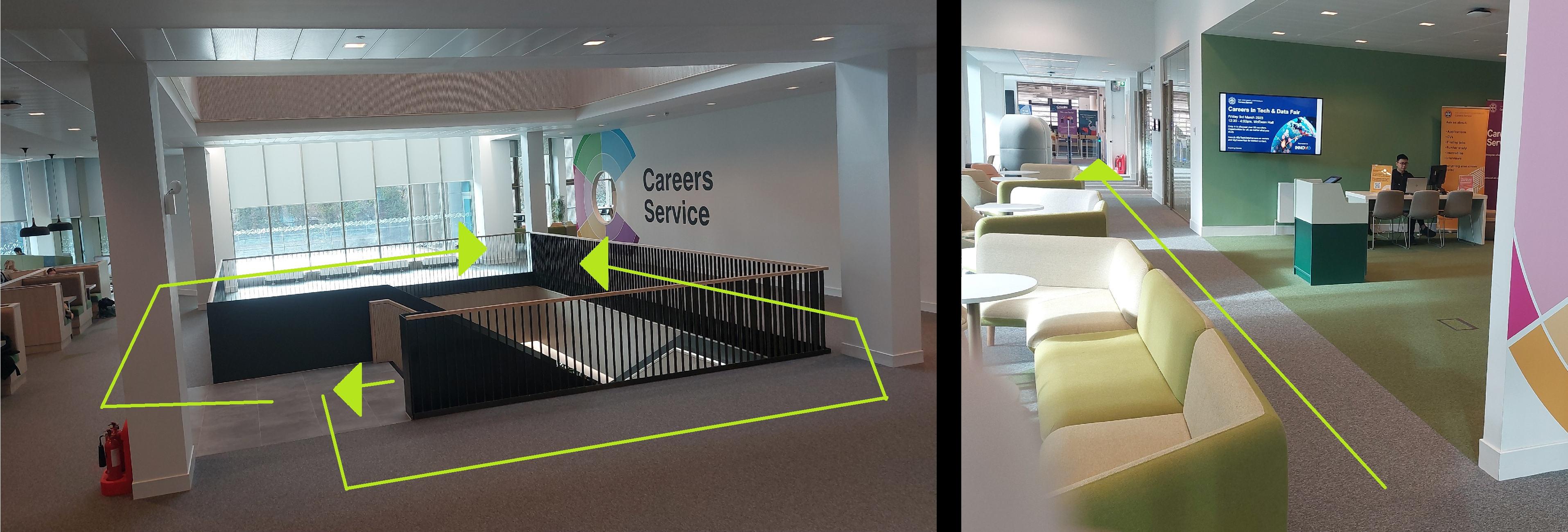 Climb the central staircase to the first floor then go towards the careers service, then go through the turnstiles into the Noreen and Kenneth Murray Library
